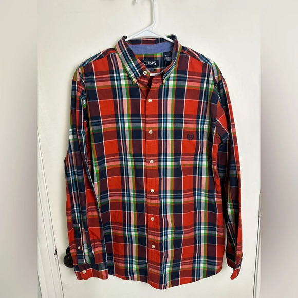 Chaps Plaid Button Down Size XL Orange Blue Mens Shirt - Picture 2 of 9